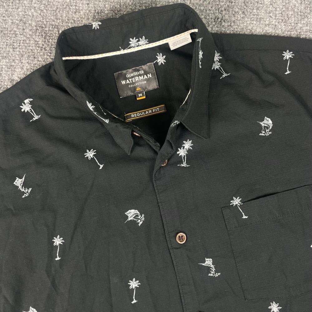 Quiksilver Waterman Collection Shirt Medium Black Palm Tree Regular Fit Men's